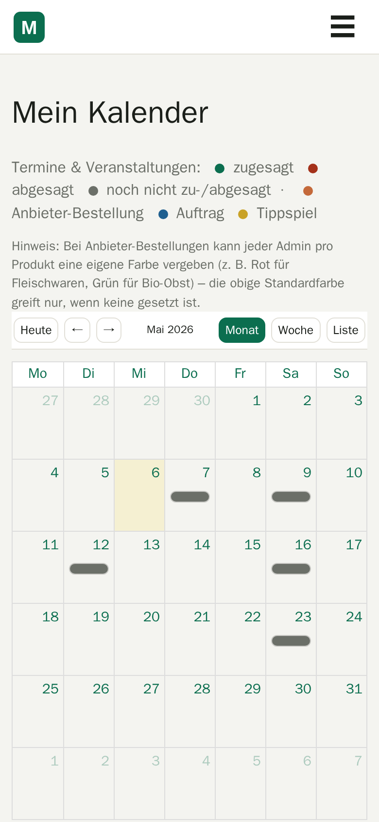 Kalender mit Veranstaltungen